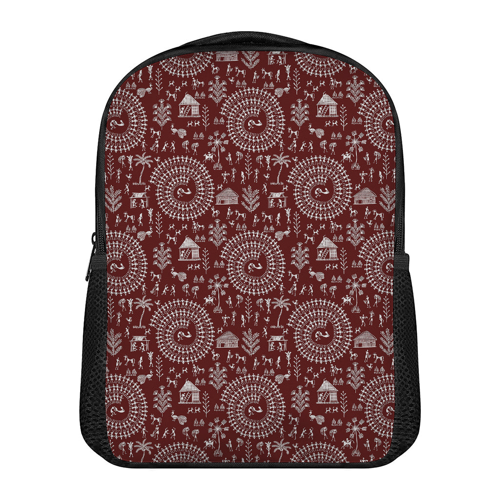 Red And White Warli Tribal Print Casual Backpack