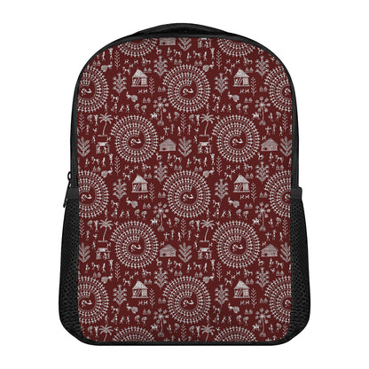 Red And White Warli Tribal Print Casual Backpack