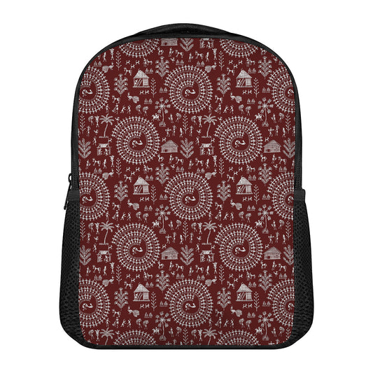 Red And White Warli Tribal Print Casual Backpack