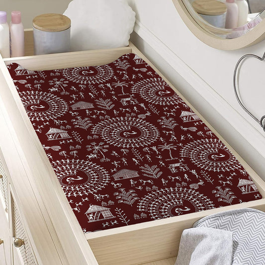 Red And White Warli Tribal Print Changing Pad Cover