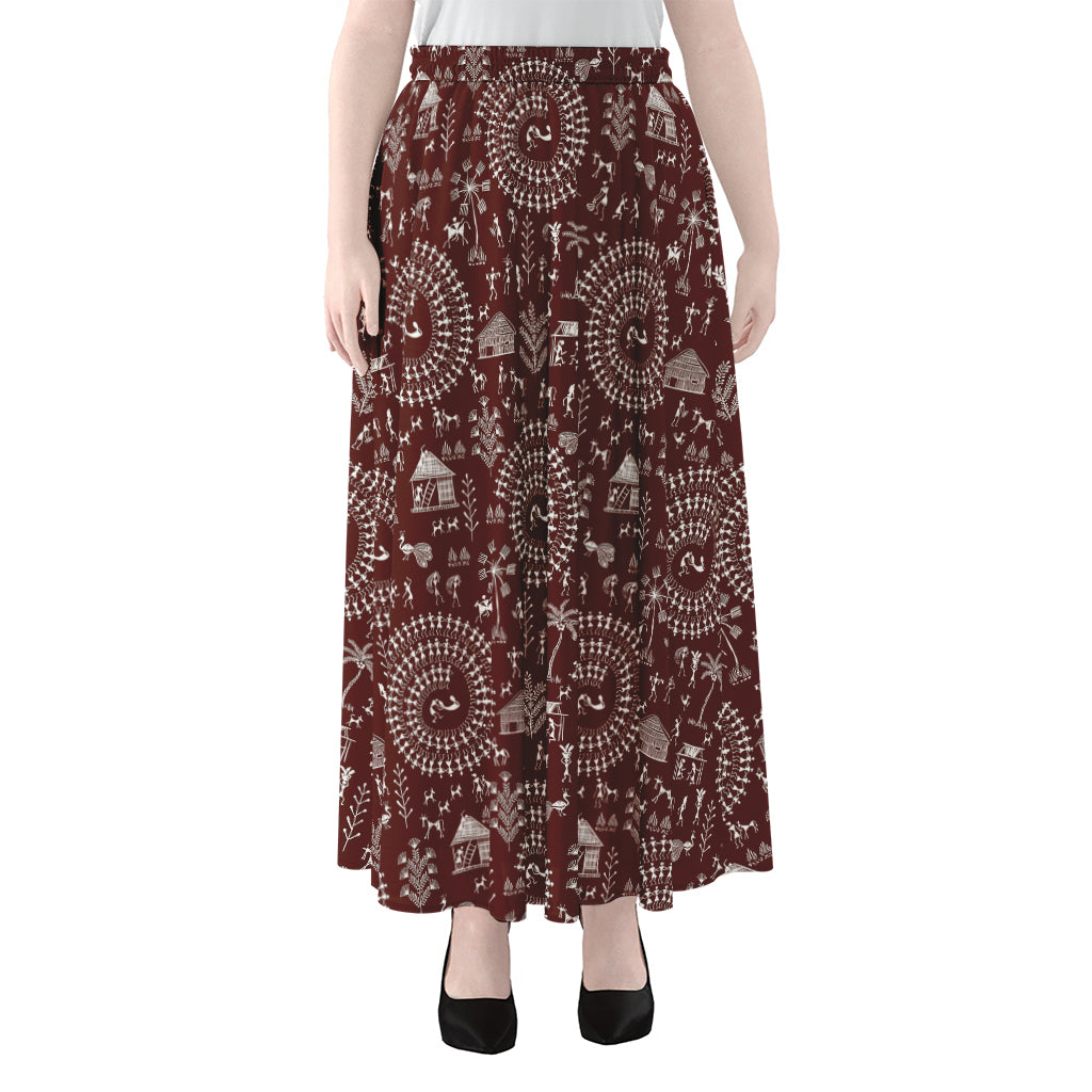 Red And White Warli Tribal Print Chiffon Maxi Skirt