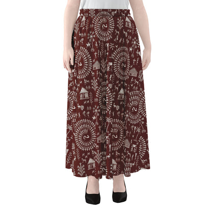 Red And White Warli Tribal Print Chiffon Maxi Skirt