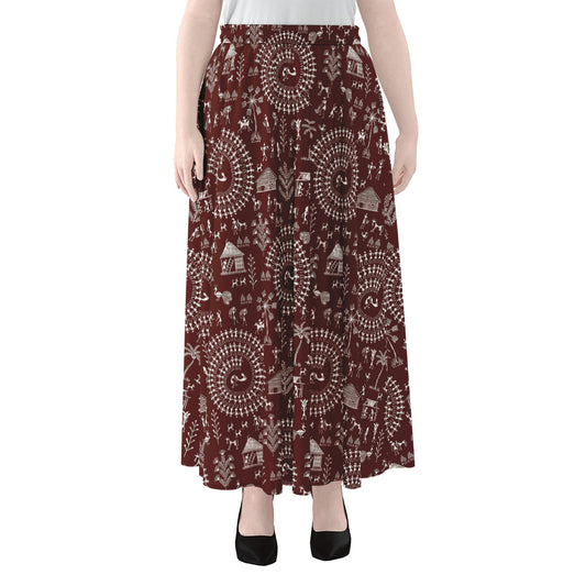 Red And White Warli Tribal Print Chiffon Maxi Skirt