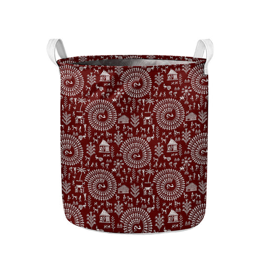 Red And White Warli Tribal Print Collapsible Laundry Basket