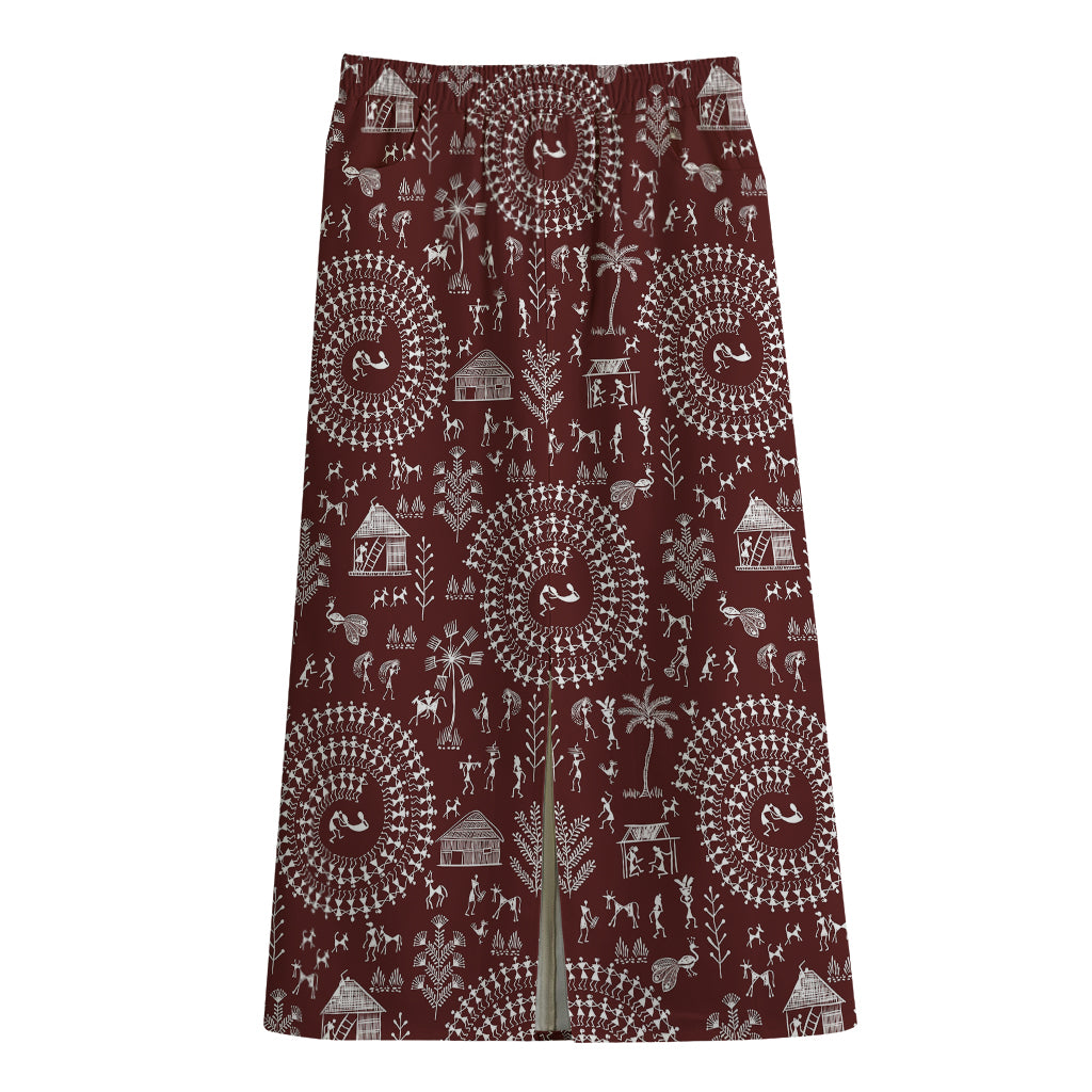 Red And White Warli Tribal Print Cotton Front Slit Maxi Skirt