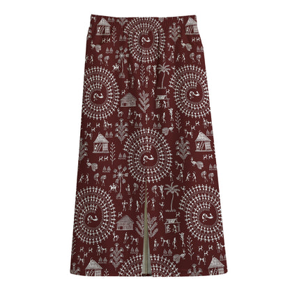 Red And White Warli Tribal Print Cotton Front Slit Maxi Skirt