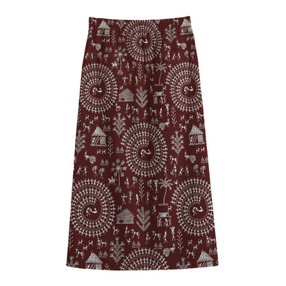 Red And White Warli Tribal Print Cotton Front Slit Maxi Skirt