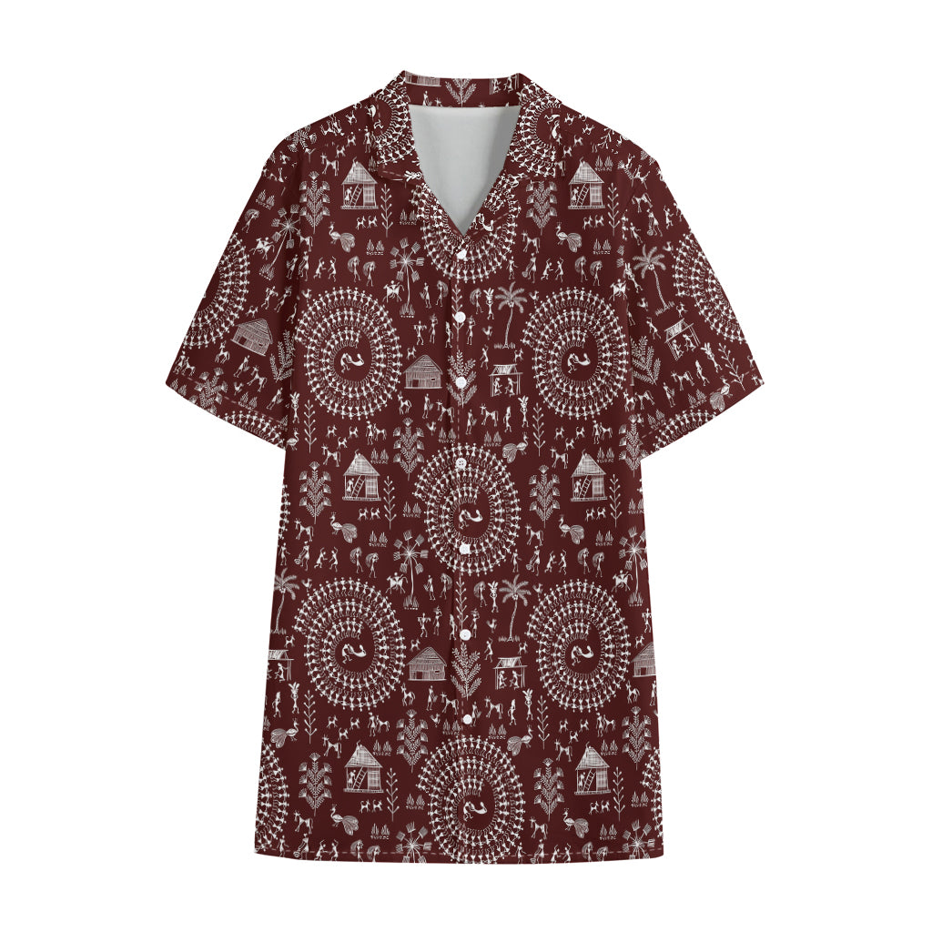 Red And White Warli Tribal Print Cotton Hawaiian Shirt