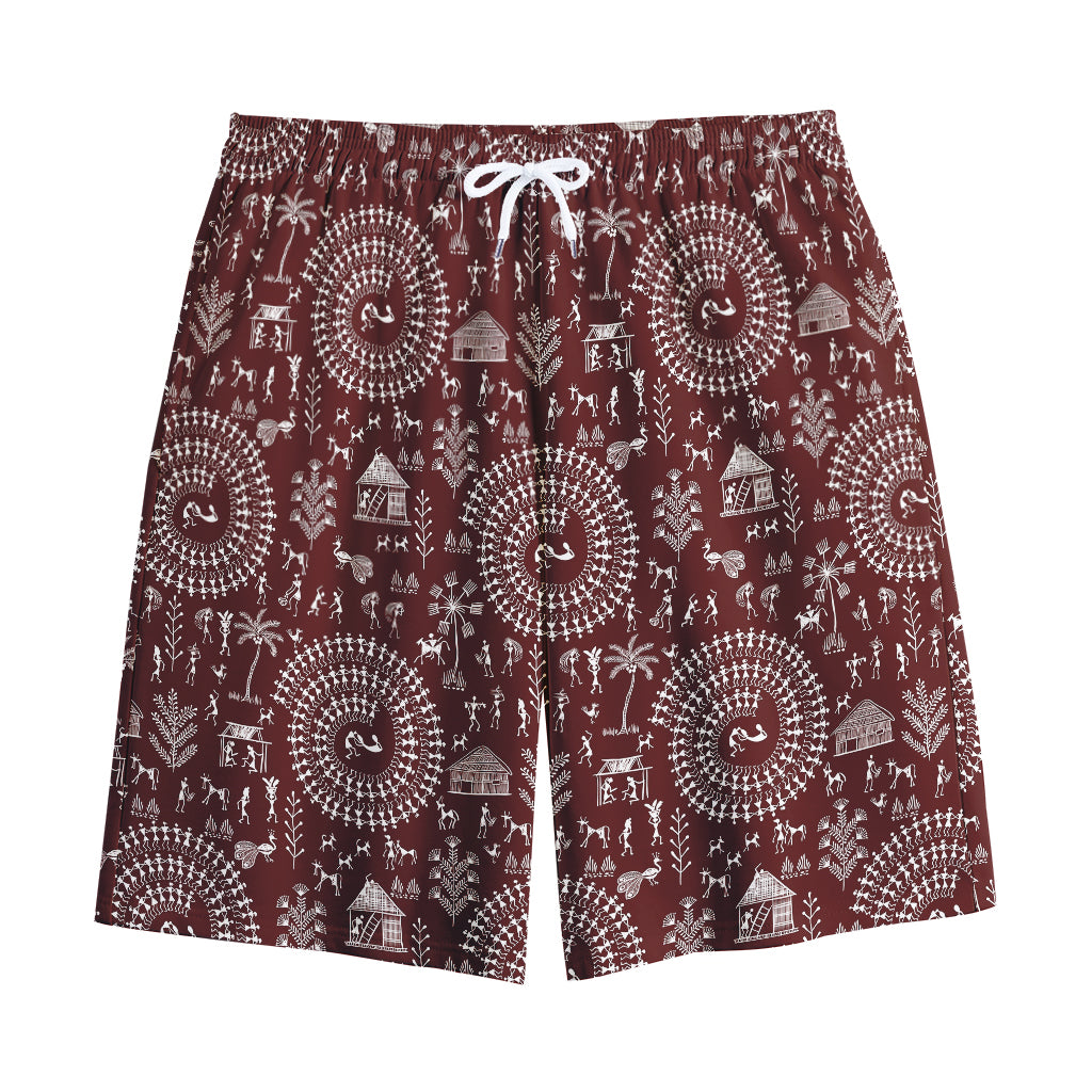 Red And White Warli Tribal Print Cotton Shorts