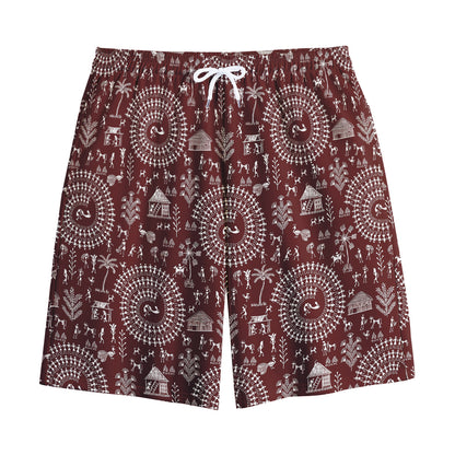 Red And White Warli Tribal Print Cotton Shorts