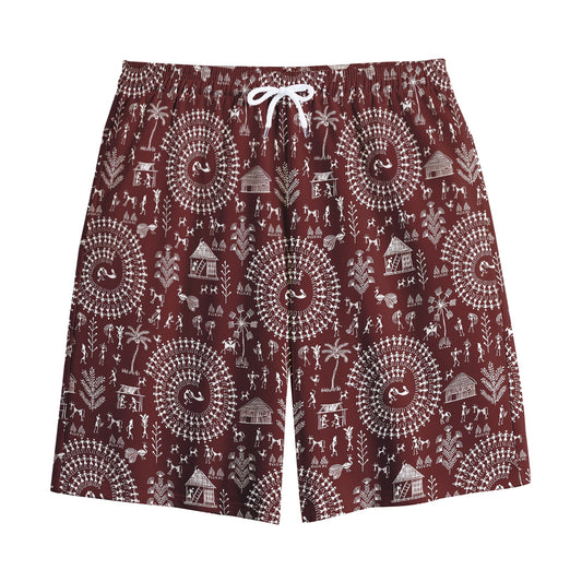Red And White Warli Tribal Print Cotton Shorts