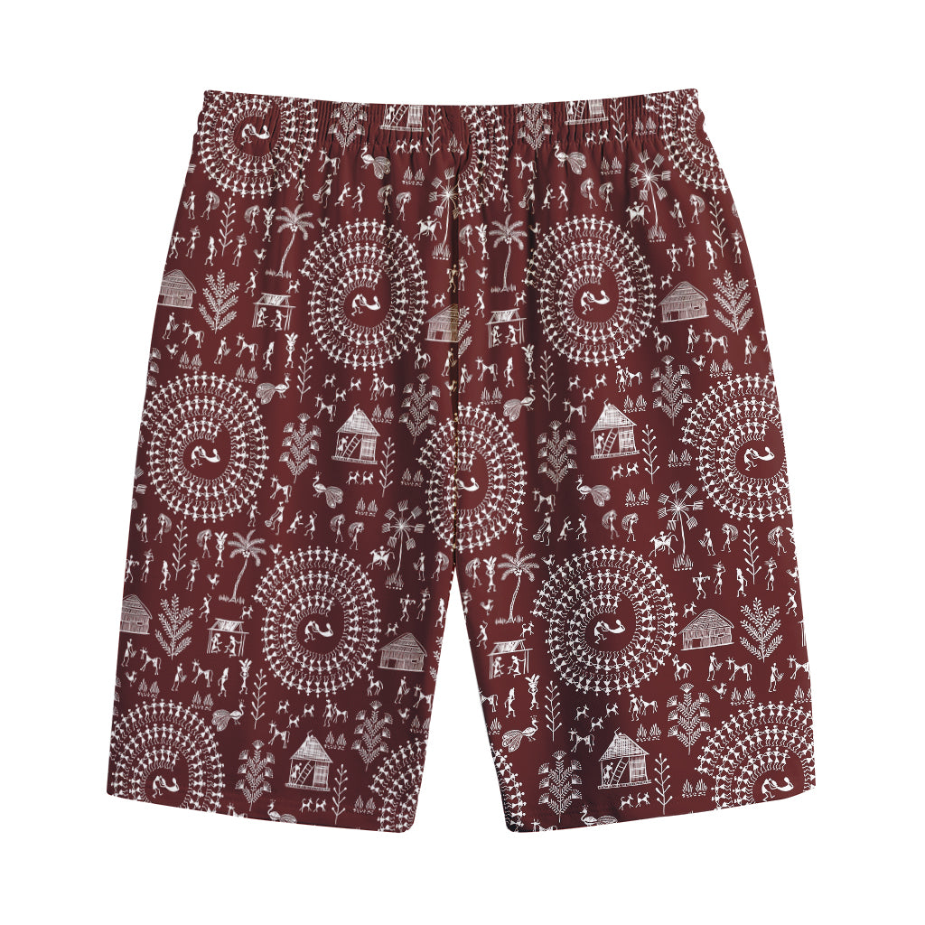 Red And White Warli Tribal Print Cotton Shorts