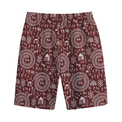 Red And White Warli Tribal Print Cotton Shorts