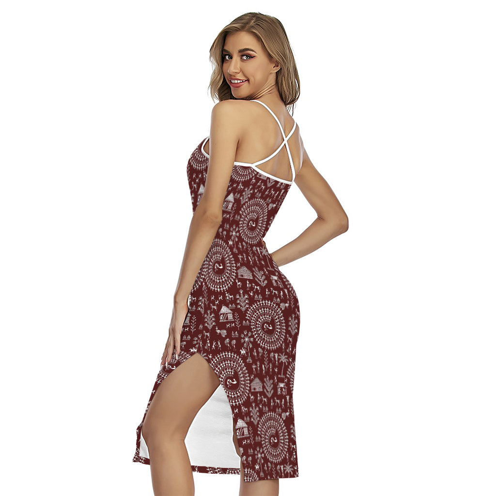 Red And White Warli Tribal Print Cross Back Cami Dress