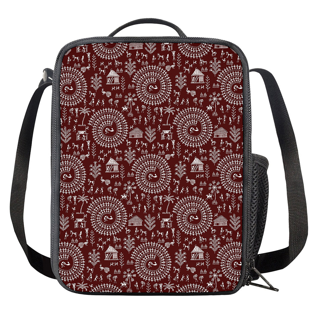 Red And White Warli Tribal Print Crossbody Lunch Bag