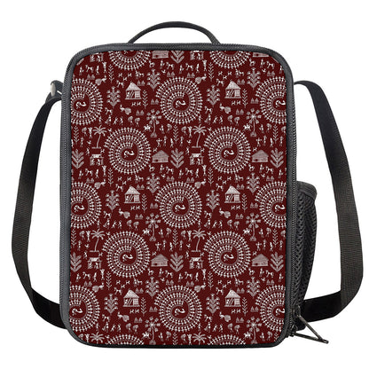 Red And White Warli Tribal Print Crossbody Lunch Bag