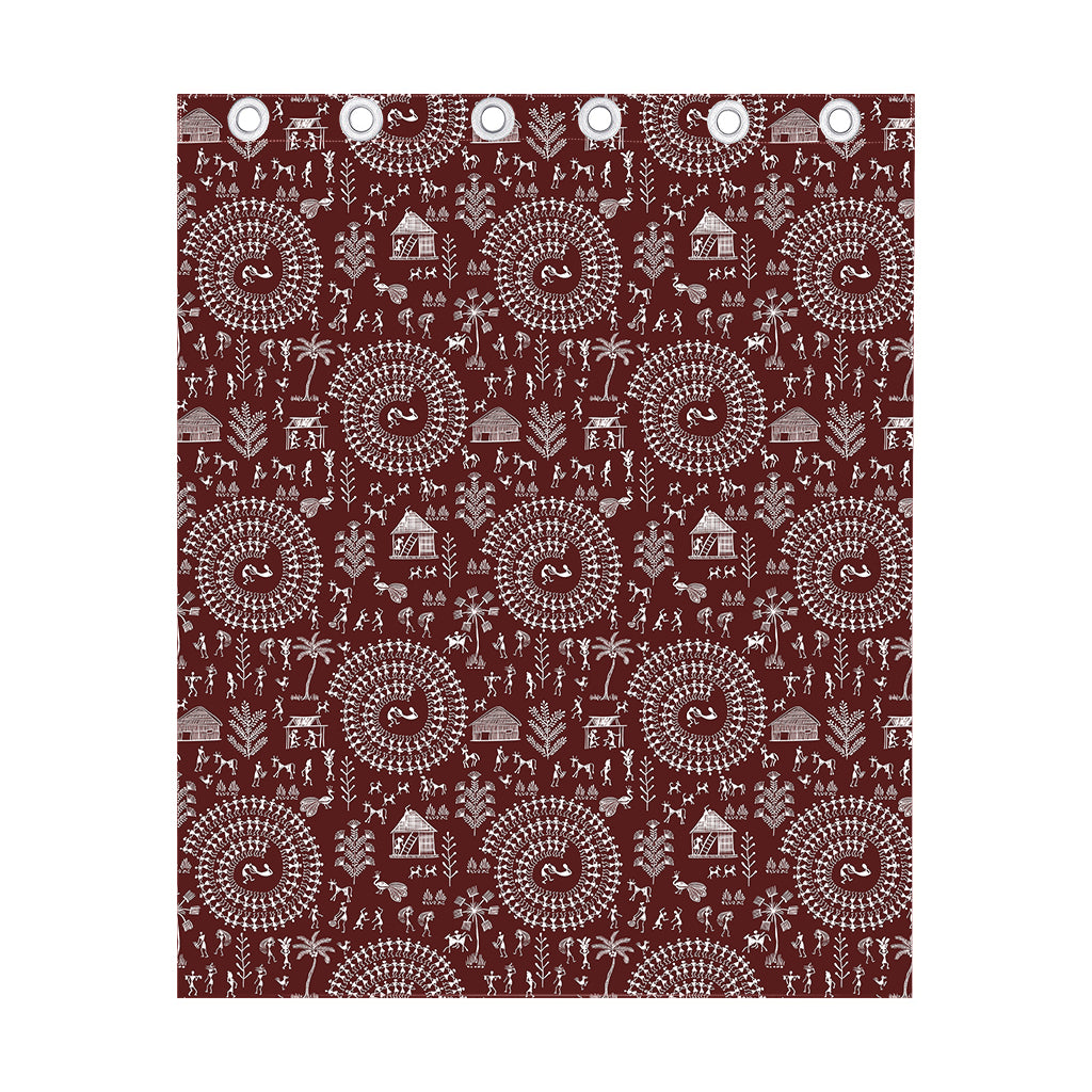 Red And White Warli Tribal Print Curtain