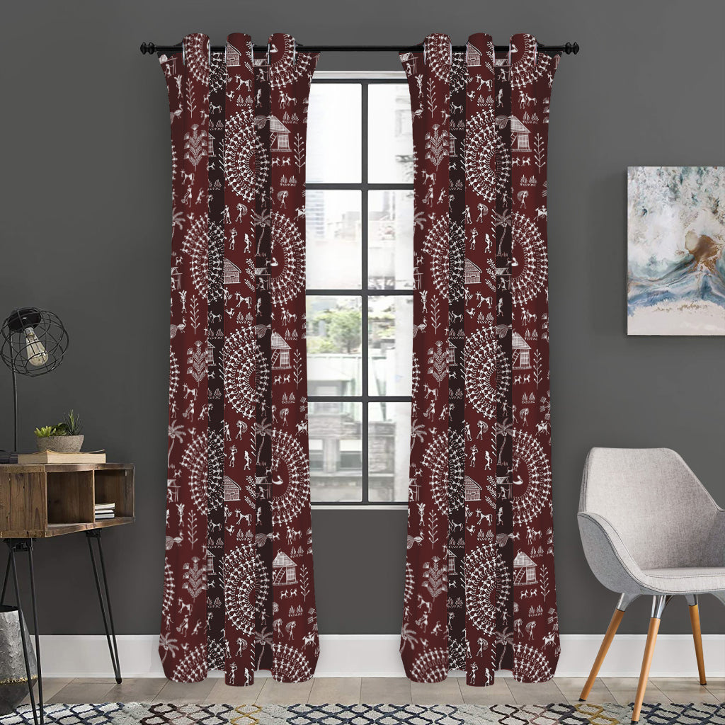 Red And White Warli Tribal Print Curtain