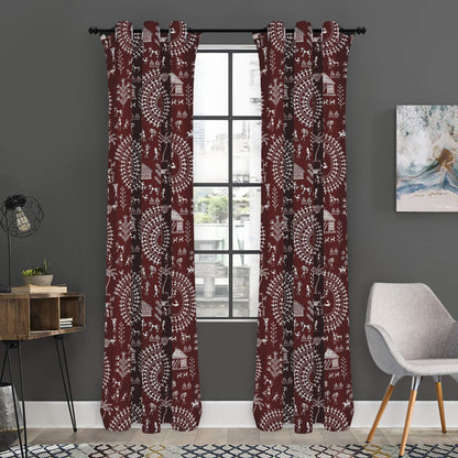 Red And White Warli Tribal Print Curtain