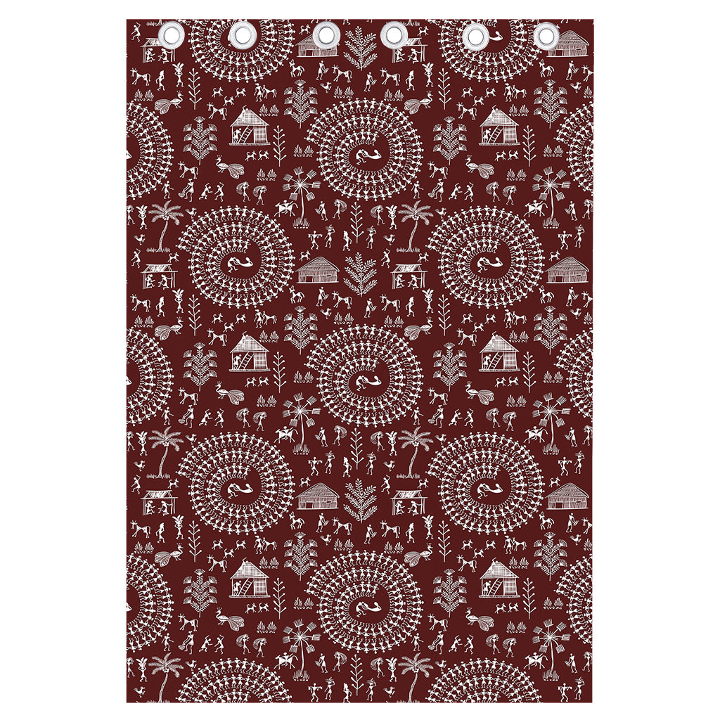 Red And White Warli Tribal Print Curtain