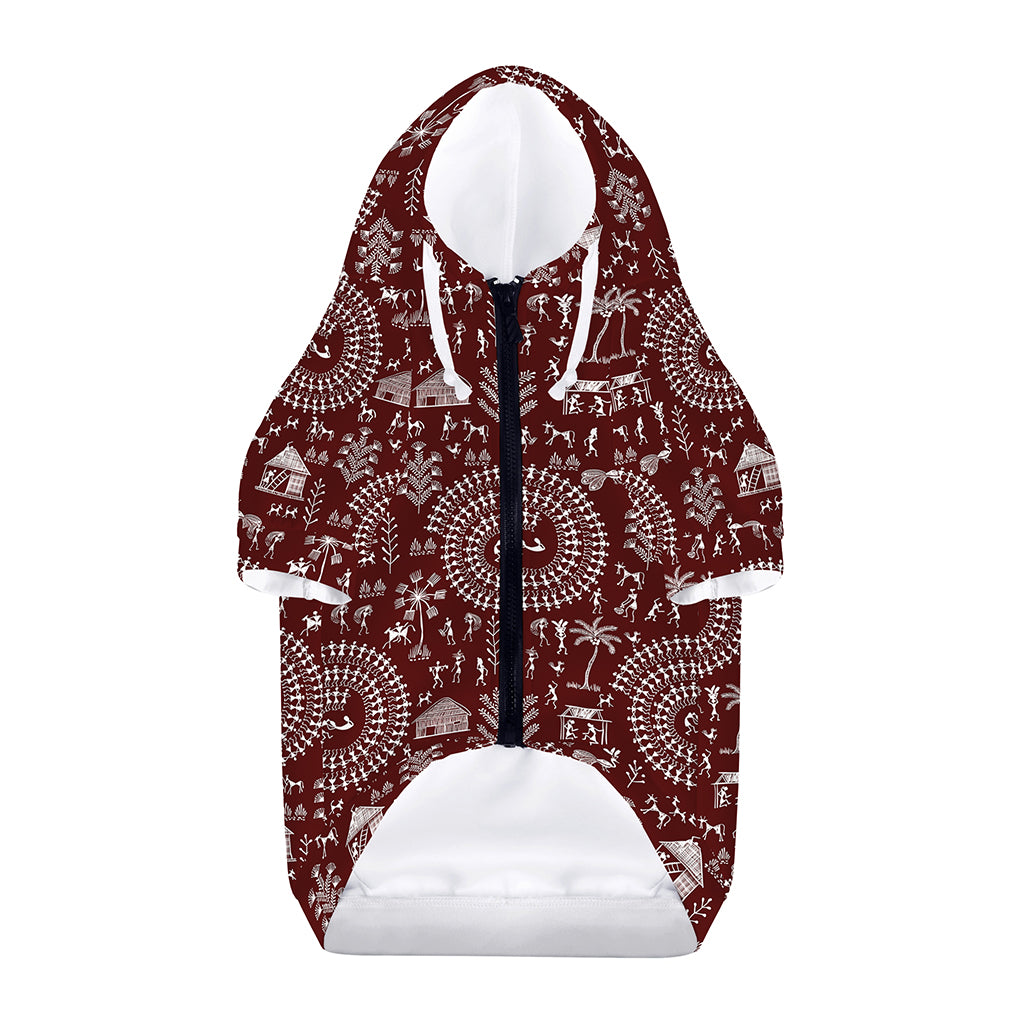 Red And White Warli Tribal Print Dog Zip Up Hoodie