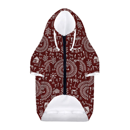 Red And White Warli Tribal Print Dog Zip Up Hoodie