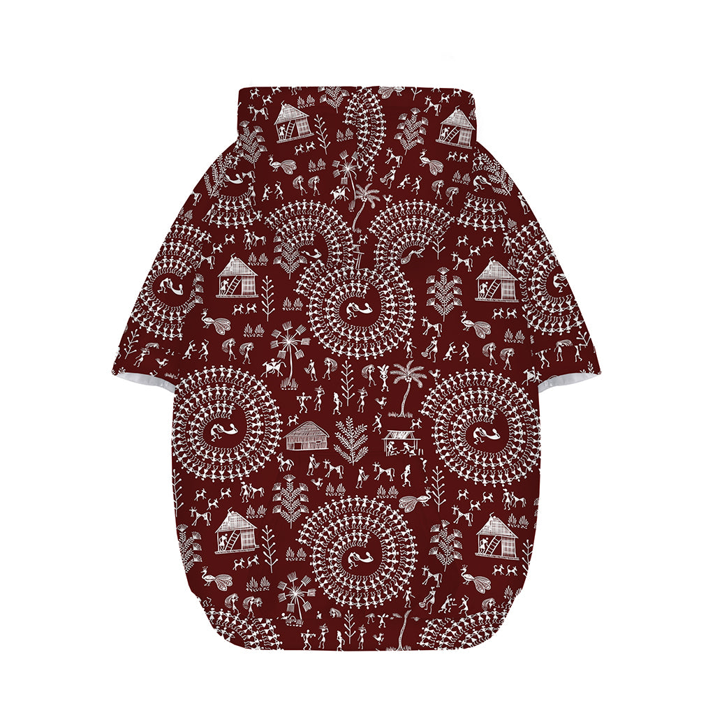 Red And White Warli Tribal Print Dog Zip Up Hoodie