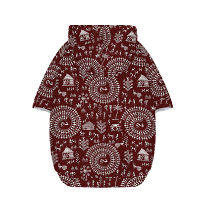 Red And White Warli Tribal Print Dog Zip Up Hoodie