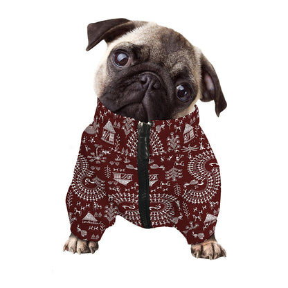 Red And White Warli Tribal Print Dog Zip Up Jacket