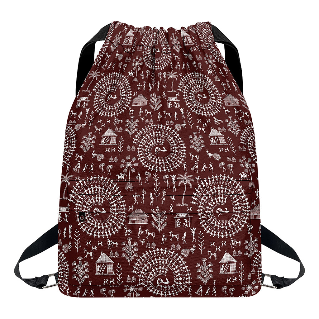 Red And White Warli Tribal Print Drawstring Backpack