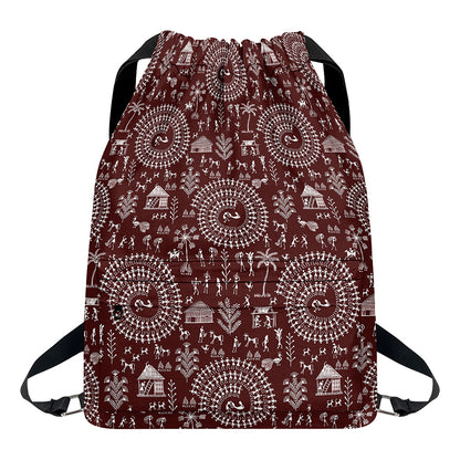 Red And White Warli Tribal Print Drawstring Backpack