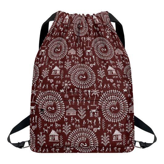 Red And White Warli Tribal Print Drawstring Backpack