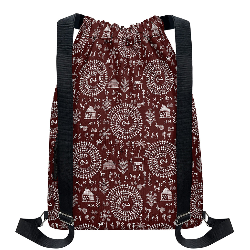 Red And White Warli Tribal Print Drawstring Backpack