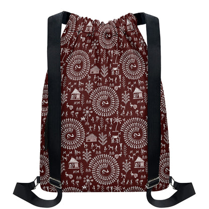 Red And White Warli Tribal Print Drawstring Backpack