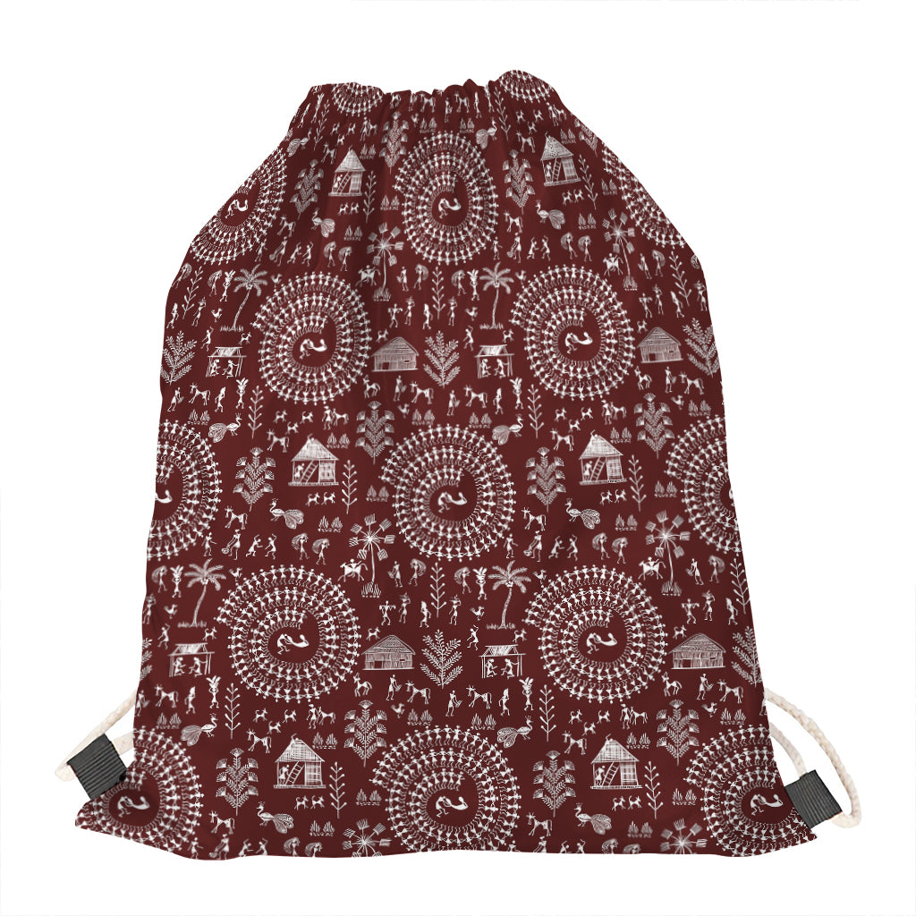 Red And White Warli Tribal Print Drawstring Bag
