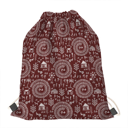 Red And White Warli Tribal Print Drawstring Bag