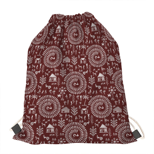 Red And White Warli Tribal Print Drawstring Bag