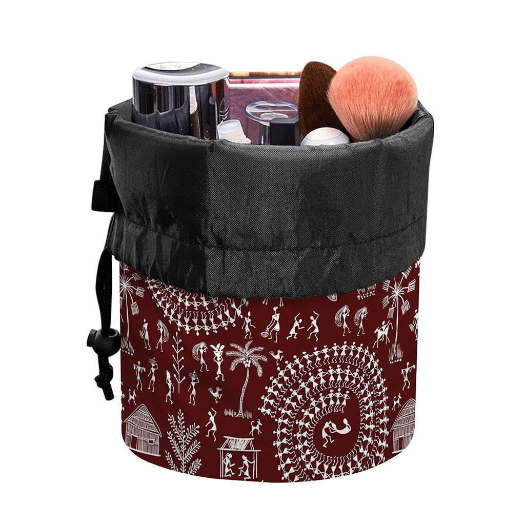 Red And White Warli Tribal Print Drawstring Makeup Bag