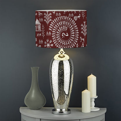 Red And White Warli Tribal Print Drum Lamp Shade