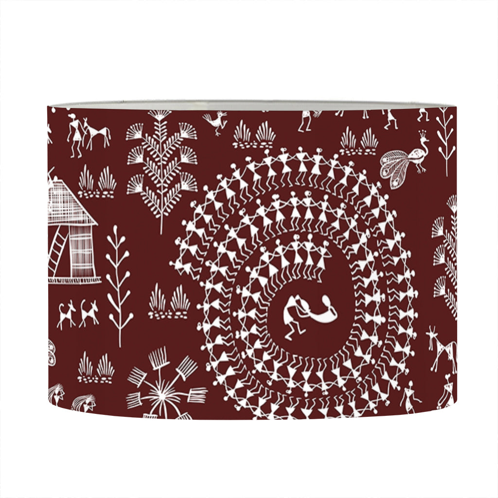 Red And White Warli Tribal Print Drum Lamp Shade