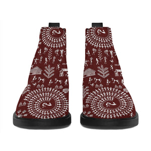 Red And White Warli Tribal Print Flat Ankle Boots