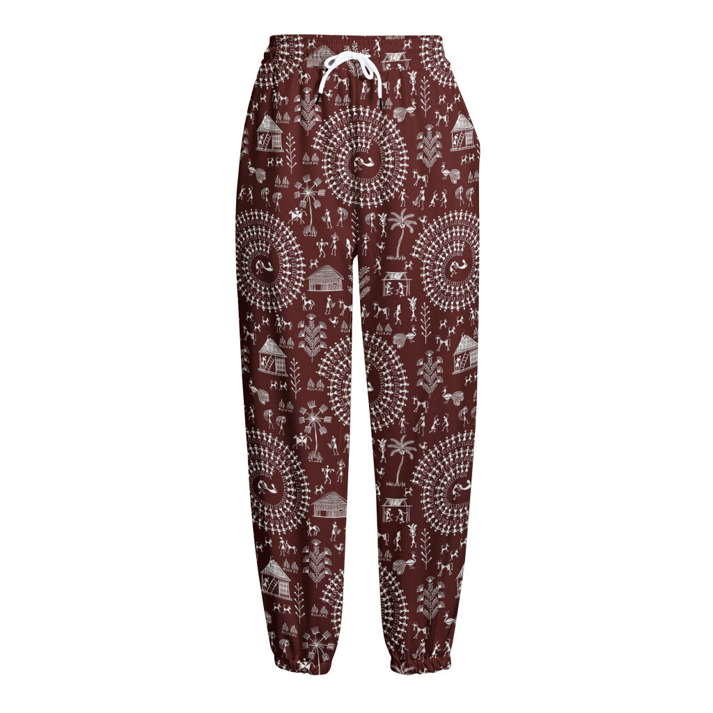 Red And White Warli Tribal Print Fleece Lined Knit Pants
