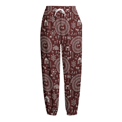 Red And White Warli Tribal Print Fleece Lined Knit Pants