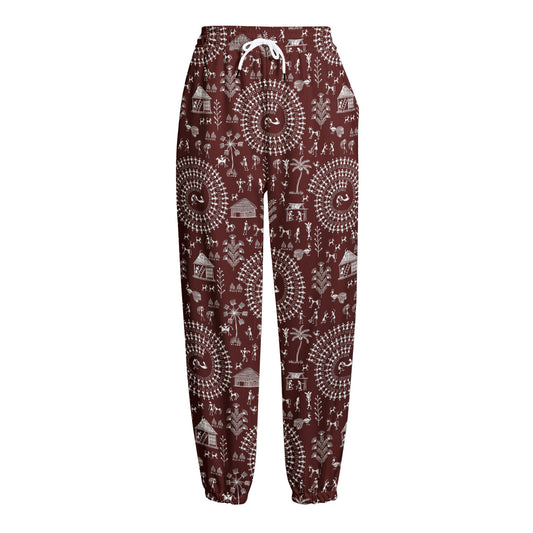 Red And White Warli Tribal Print Fleece Lined Knit Pants