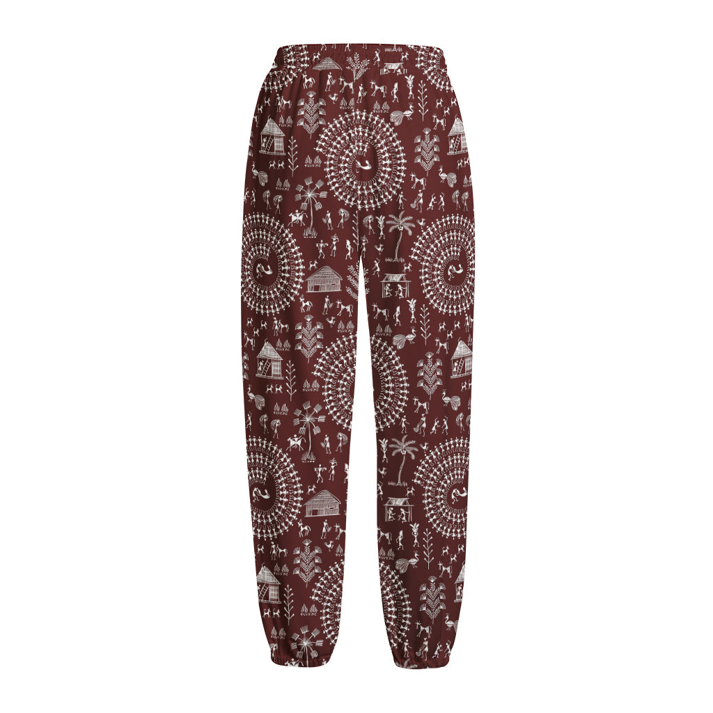 Red And White Warli Tribal Print Fleece Lined Knit Pants