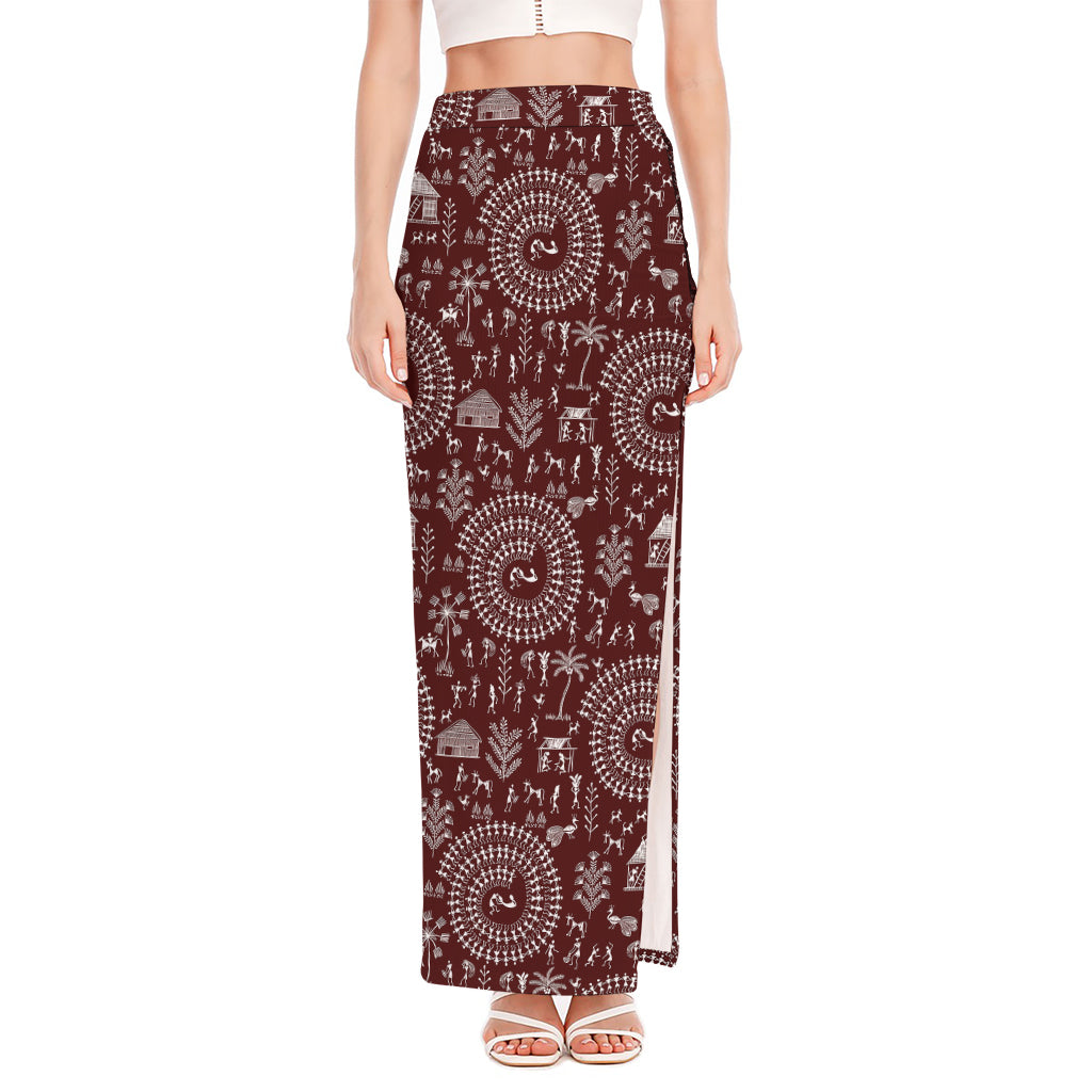 Red And White Warli Tribal Print High Slit Maxi Skirt