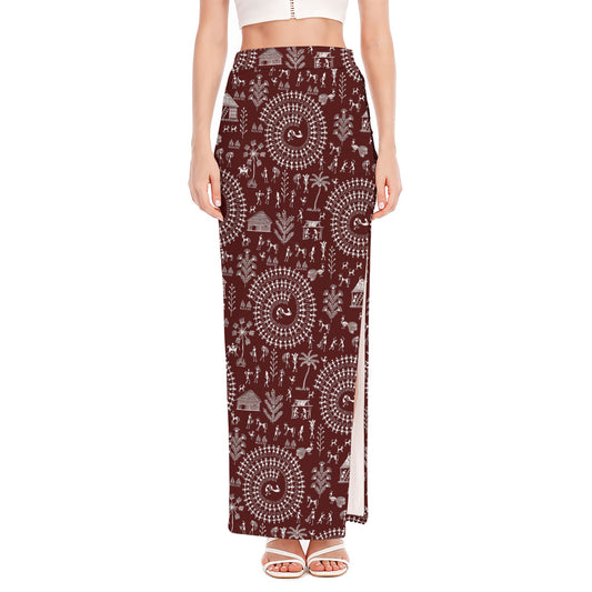 Red And White Warli Tribal Print High Slit Maxi Skirt