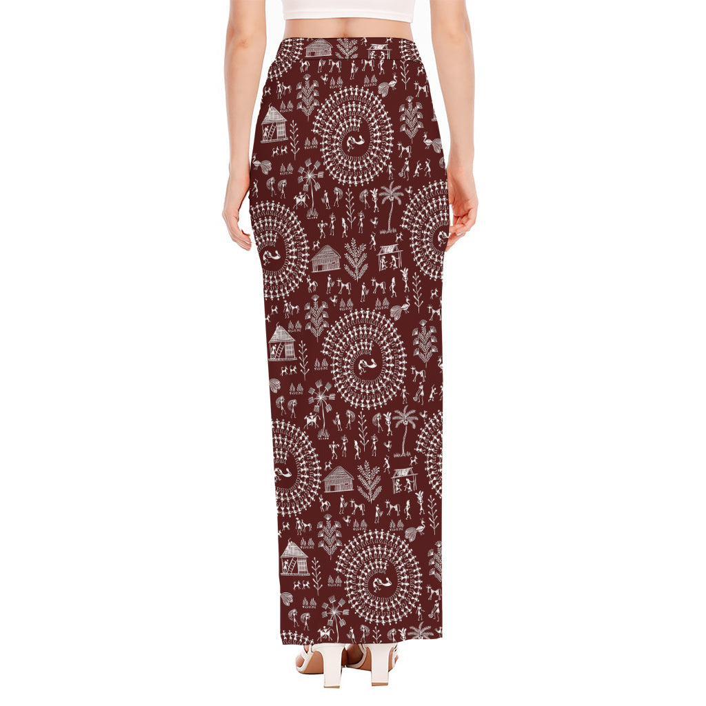 Red And White Warli Tribal Print High Slit Maxi Skirt