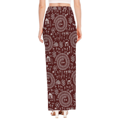 Red And White Warli Tribal Print High Slit Maxi Skirt