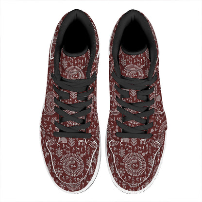 Red And White Warli Tribal Print High Top Leather Sneakers